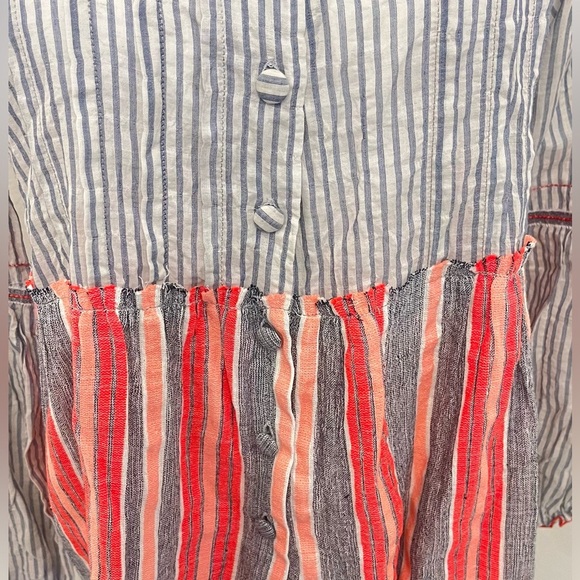 LemLem Boho Blue & White & Peach Peplum Blouse w/ Fabric Buttons Small - Picture 4 of 7